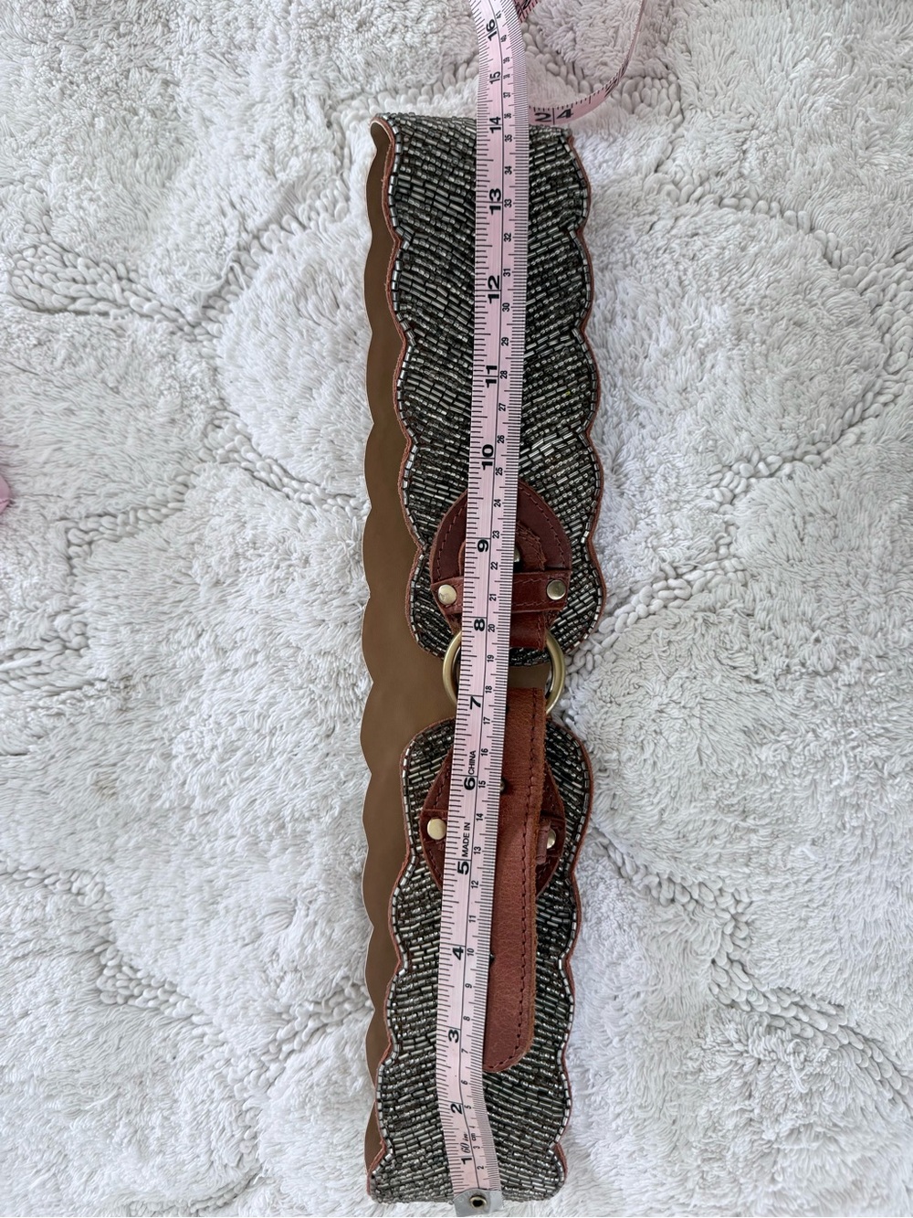 Anthropologie Scalloped Brown Leather Beaded Waist Belt with Brass Ring size M - Picture 7 of 8